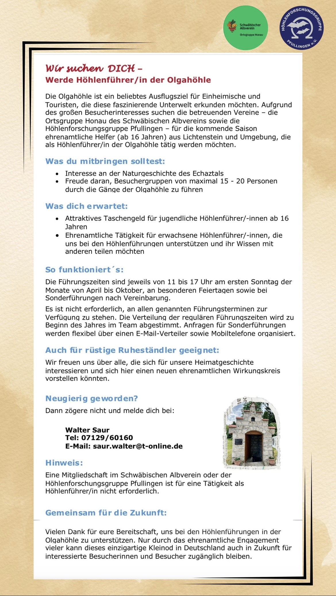 Höhlenführer für Olgahöhle gesucht 